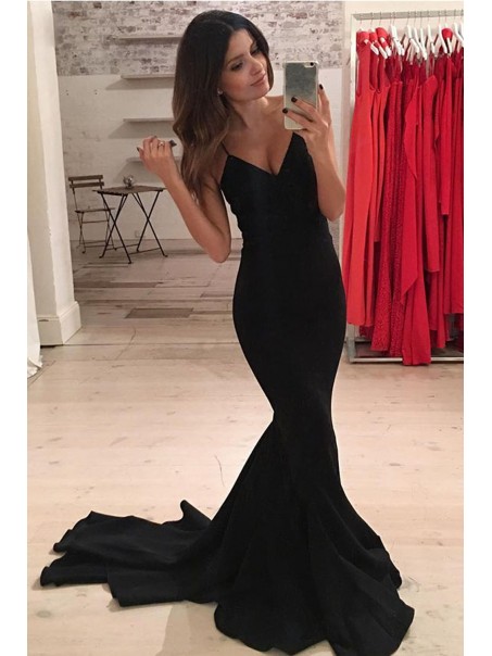 Long Black Mermaid V-Neck Prom Dresses Formal Evening Gowns 995011044