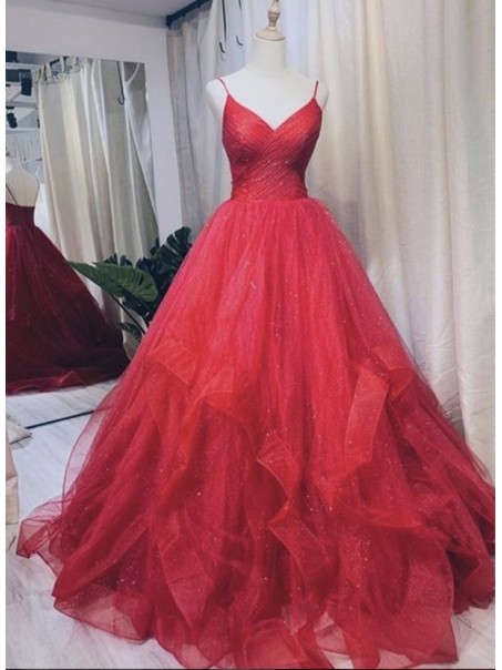 A-Line Tulle Long Red Prom Dresses Formal Evening Gowns 995011051