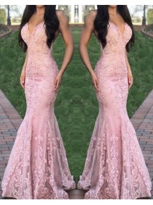 Mermaid Lace V-Neck Long Prom Dresses Formal Evening Gowns 995011074