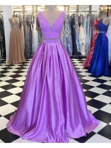 A-Line Lace Satin Two Pieces Long Prom Dresses Formal Evening Gowns 995011078 A-Line Lace Satin Two Pieces Long Prom Dresses Formal Evening Gowns 995011078