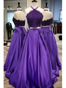 A-Line Beaded Lace Satin Two Pieces Long Prom Dresses Formal Evening Gowns 995011079