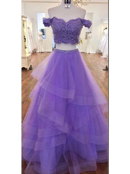 A-Line Beaded Lace Tulle Two Pieces Long Prom Dresses Formal Evening Gowns 995011080