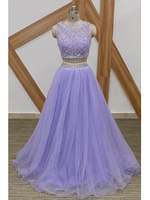 A-Line Beaded Tulle Two Pieces Long Prom Dresses Formal Evening Gowns 995011081