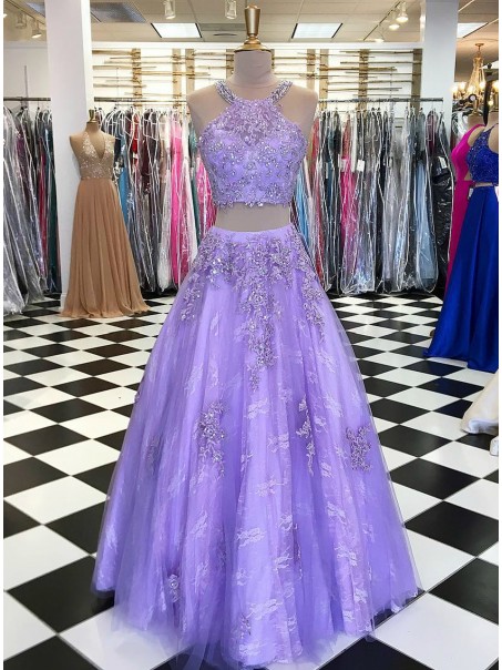 A-Line Beaded Lace Two Pieces Long Prom Dresses Formal Evening Gowns 995011084