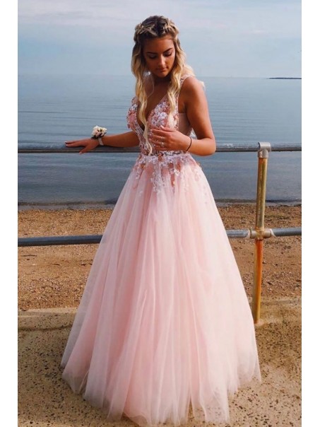 A-Line Tulle V-Neck Long Prom Dresses Formal Evening Gowns 995011109