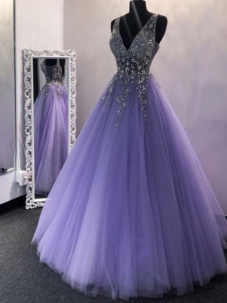 Ball Gown Beaded Tulle Long Prom Dresses Formal Evening Gowns 995011142