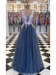 A-Line Lace Tulle V-Neck Long Prom Dresses Formal Evening Gowns 995011156
