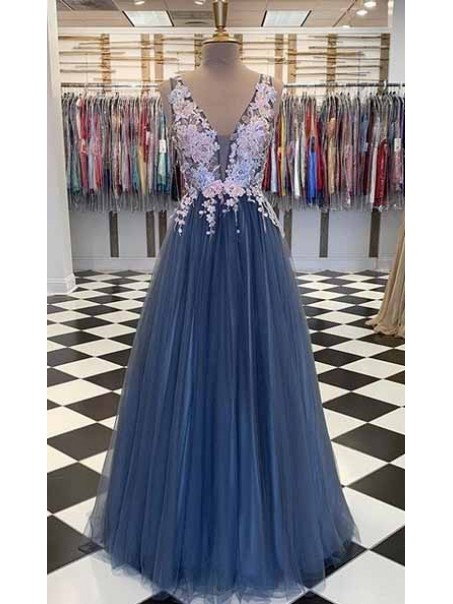 A-Line Lace Tulle V-Neck Long Prom Dresses Formal Evening Gowns 995011156