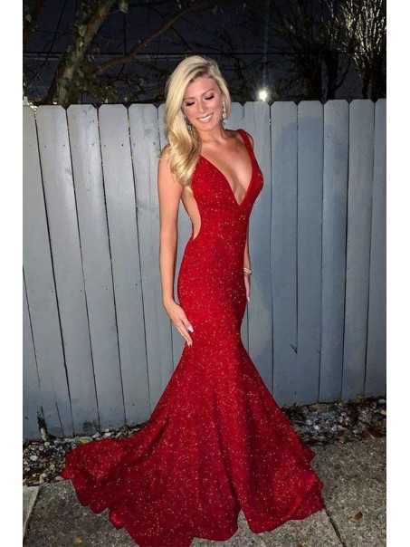Mermaid V-Neck Long Red Sequins Prom Dresses Formal Evening Gowns 995011159 Mermaid V-Neck Long Red Sequins Prom Dresses Formal Evening Gowns 995011159