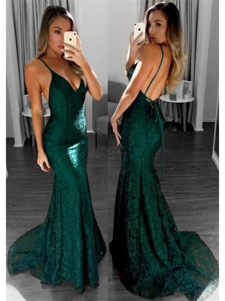 Mermaid Lace V-Neck Long Prom Dresses Formal Evening Gowns 995011161