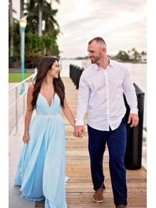 A-Line Chiffon V-Neck Long Prom Dresses Formal Evening Gowns 995011167