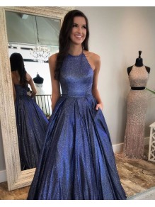A-Line Halter Sparkly Long Prom Dresses Formal Evening Gowns 995011180