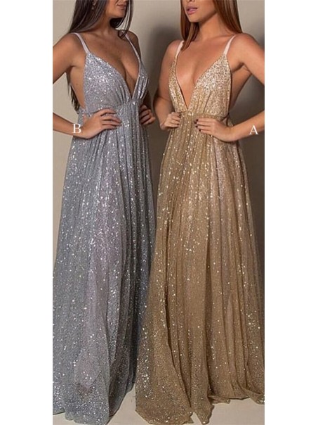 A-Line Sequins V-Neck Long Prom Dresses Formal Evening Gowns 995011190
