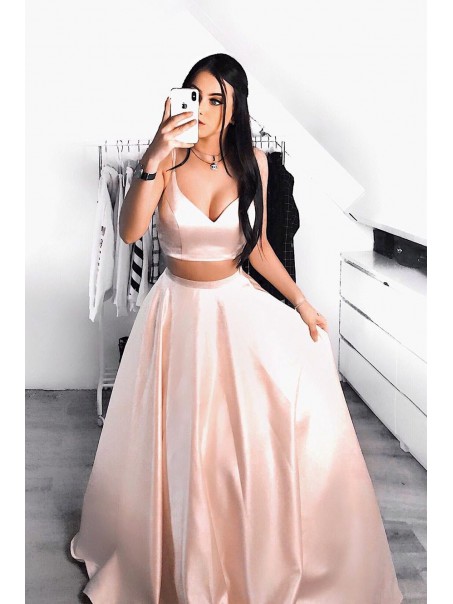 A-Line V-Neck Two Pieces Long Prom Dresses Formal Evening Gowns 995011202