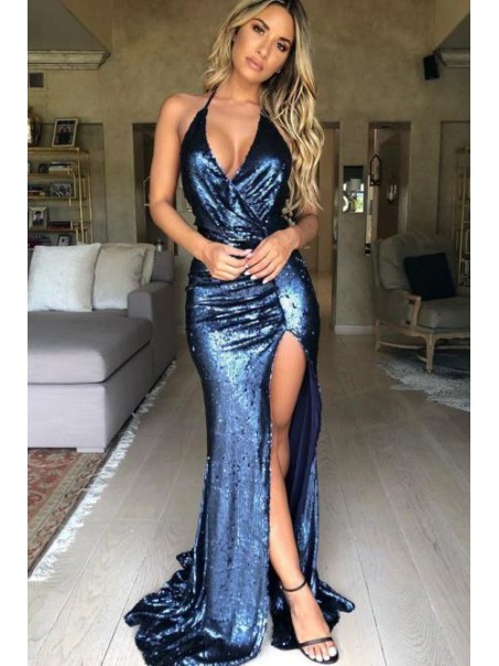 Mermaid Sequins V-Neck Long Prom Dresses Formal Evening Gowns 995011227