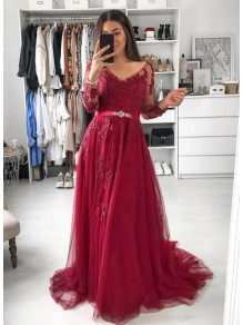 A-Line Long Sleeves Beaded Lace Long Prom Dresses Formal Evening Gowns 995011238