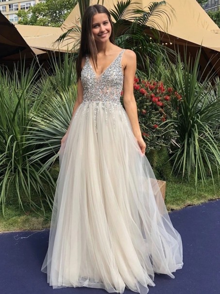 A-Line Beaded Tulle V-Neck Long Prom Dresses Formal Evening Gowns 995011248 A-Line Beaded Tulle V-Neck Long Prom Dresses Formal Evening Gowns 995011248