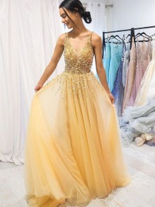 A-Line Beaded Tulle Long Prom Dresses Formal Evening Gowns 995011250 A-Line Beaded Tulle Long Prom Dresses Formal Evening Gowns 995011250