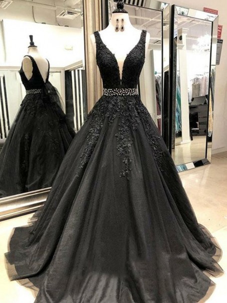 A-Line Beaded Lace Tulle Long Prom Dresses Formal Evening Gowns 995011251