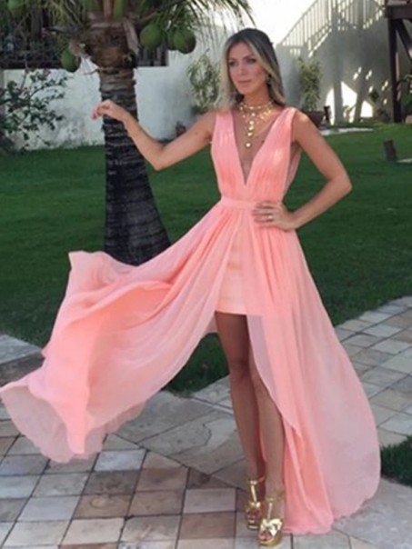 A-Line Chiffon V-Neck Long Prom Dresses Formal Evening Gowns 995011257