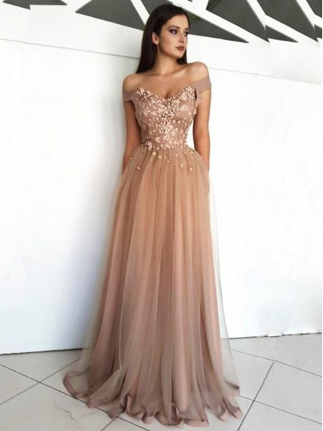 Elegant Off-the-Shoulder Beaded Lace Tulle Long Prom Dresses Formal Evening Dresses 99501126