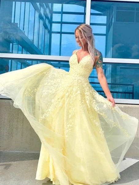 A-Line Long Yellow Lace V-Neck Prom Dresses Formal Evening Gowns 995011268 A-Line Long Yellow Lace V-Neck Prom Dresses Formal Evening Gowns 995011268