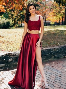 A-Line Two Pieces Lace Long Prom Dresses Formal Evening Gowns 995011274 A-Line Two Pieces Lace Long Prom Dresses Formal Evening Gowns 995011274