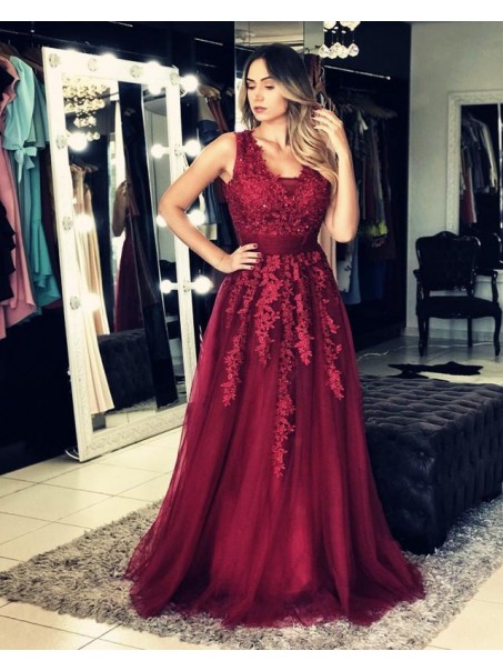 A-Line Lace Appliques Long Prom Dresses Formal Evening Gowns 995011286