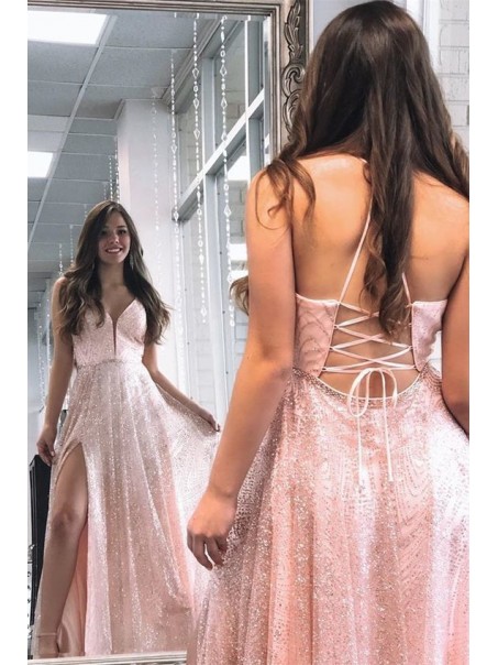 A-Line Sparkle Pink Sequins Long Prom Dresses Formal Evening Gowns 995011288