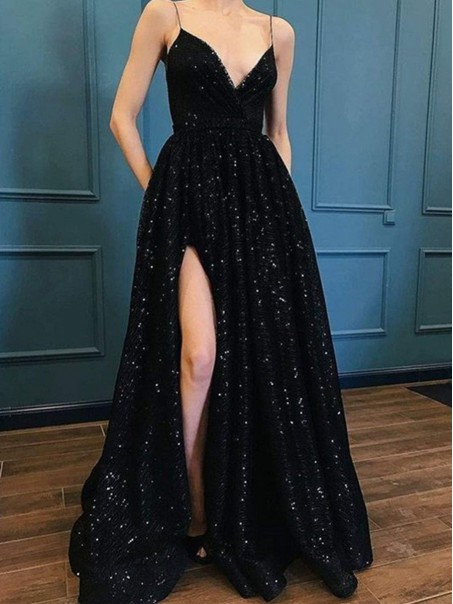 Spaghetti Strap Sparkle Long Black Prom Dresses Formal Evening Dresses 99501129