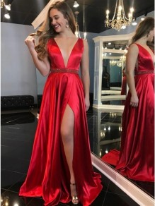 A-Line Beaded Long Red V-Neck Prom Dresses Formal Evening Gowns 995011306 A-Line Beaded Long Red V-Neck Prom Dresses Formal Evening Gowns 995011306