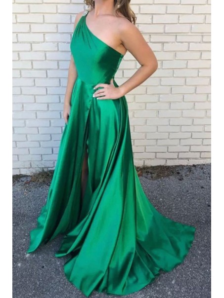 A-Line Beaded One-Shoulder Long Green Prom Dresses Formal Evening Gowns 995011315