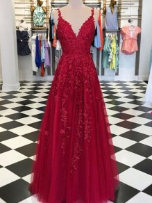 A-Line Lace Appliques V-Neck Long Prom Dresses Formal Evening Dresses 99501132