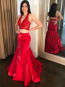 Long Red Two Pieces Lace Prom Dresses Formal Evening Gowns 995011320 Long Red Two Pieces Lace Prom Dresses Formal Evening Gowns 995011320