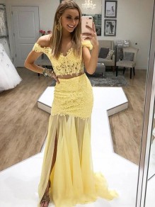 Long Yellow Lace Two Pieces Prom Dresses Formal Evening Gowns 995011333