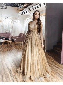 A-Line Sparkle V-Neck Long Prom Dresses Formal Evening Gowns 995011338