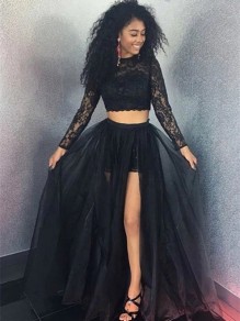 A-Line Two Pieces Lace Long Prom Dresses Formal Evening Gowns 995011355