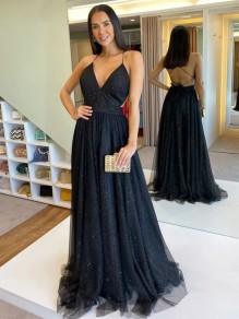 Long Black Tulle Prom Dresses Formal Evening Gowns 995011358