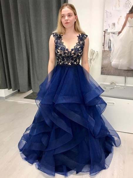 A-Line Lace Tulle Long Prom Dresses Formal Evening Gowns 995011362