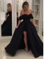 A-Line Black Off-the-Shoulder Long Prom Dresses Formal Evening Gowns 995011369