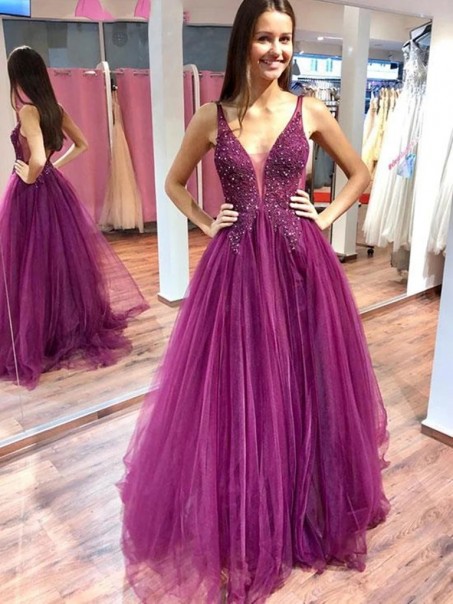 A-Line Beaded Lace Long Prom Dresses Formal Evening Gowns 995011372