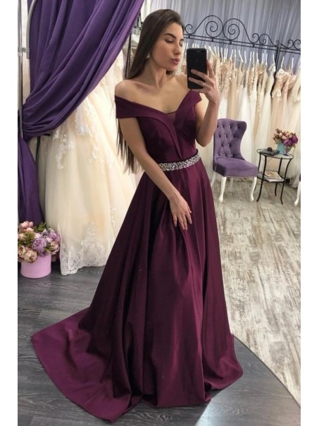 A-Line Beaded Off-the-Shoulder Long Prom Dresses Formal Evening Gowns 995011377