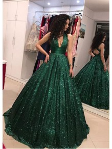 Sequined Ball Gown V-Neck Long Prom Dresses Formal Evening Dresses 99501138