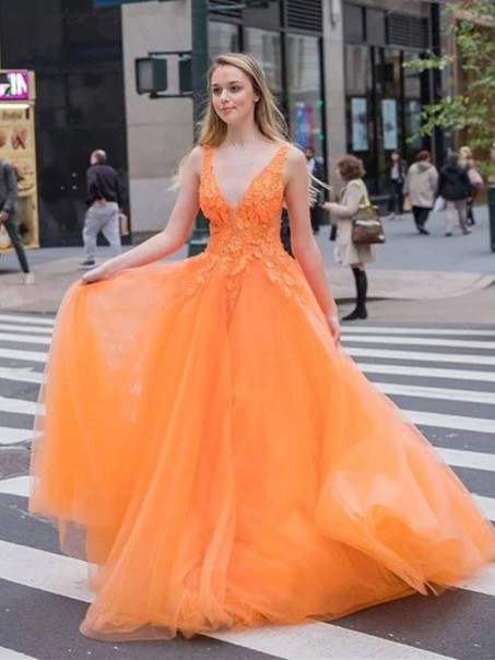 A-Line Lace V-Neck Long Prom Dresses Formal Evening Gowns 995011394