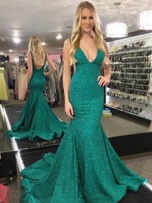 Mermaid Sequins Long Green Prom Dresses Formal Evening Gowns 995011397