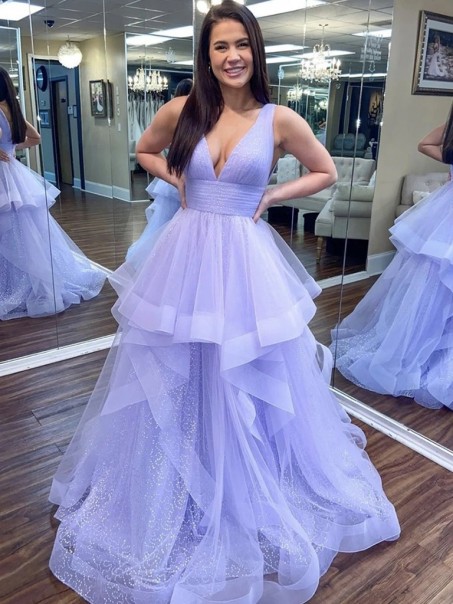 A-Line Tulle V-Neck Long Prom Dresses Formal Evening Gowns 995011401