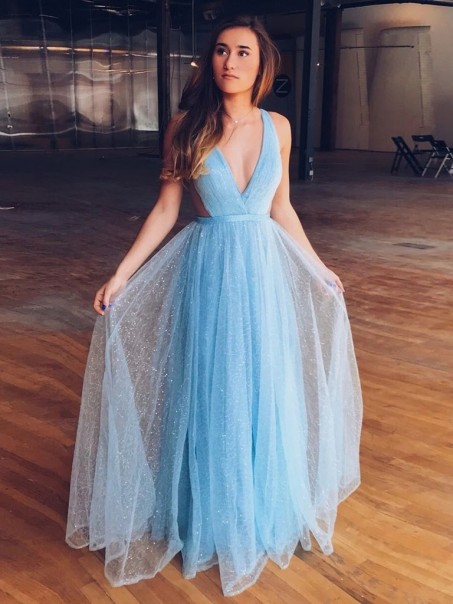 A-Line Sequins Tulle Long Prom Dresses Formal Evening Gowns 995011402