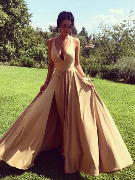 A-Line V-Neck Long Prom Dresses Formal Evening Gowns 995011406