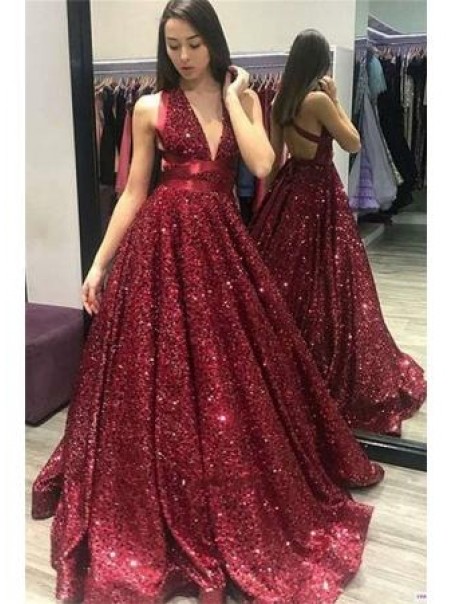 Sparkle Sequined Ball Gown V-Neck Long Prom Dresses Formal Evening Dresses 99501141