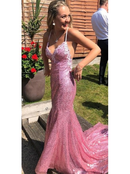 Mermaid Sequins Lace Long Prom Dresses Formal Evening Gowns 995011411